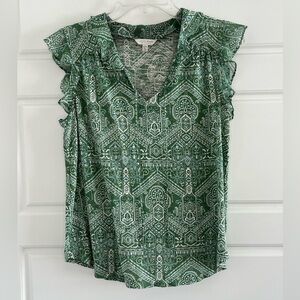 Lucky Brand Green Boho Ruffle Sleeve V-Neck Top Cotton Modal Aztec Print Medium